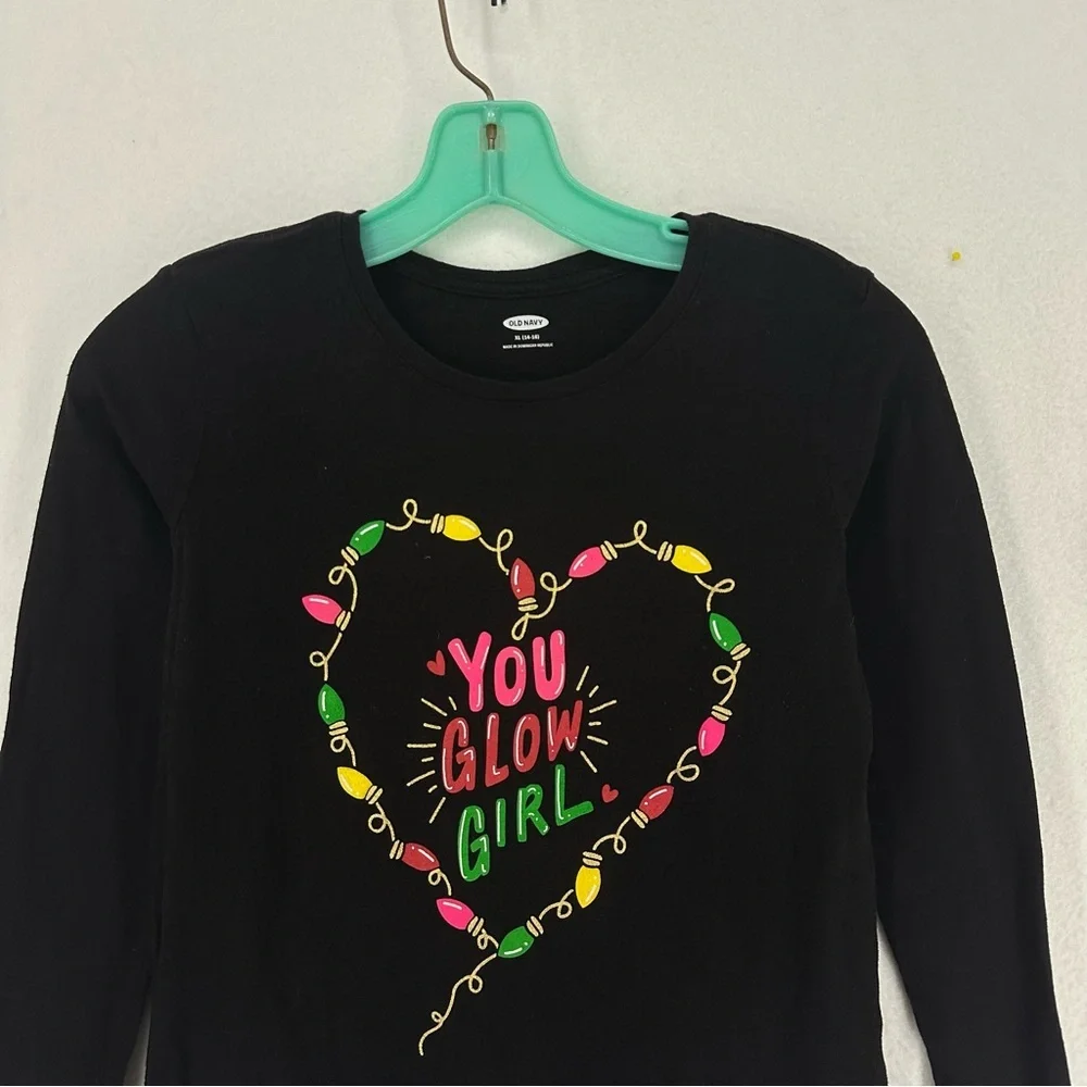 Old Navy You Glow Girl Christmas Lights Long Sleeve Shirt‎ Girls XL Black